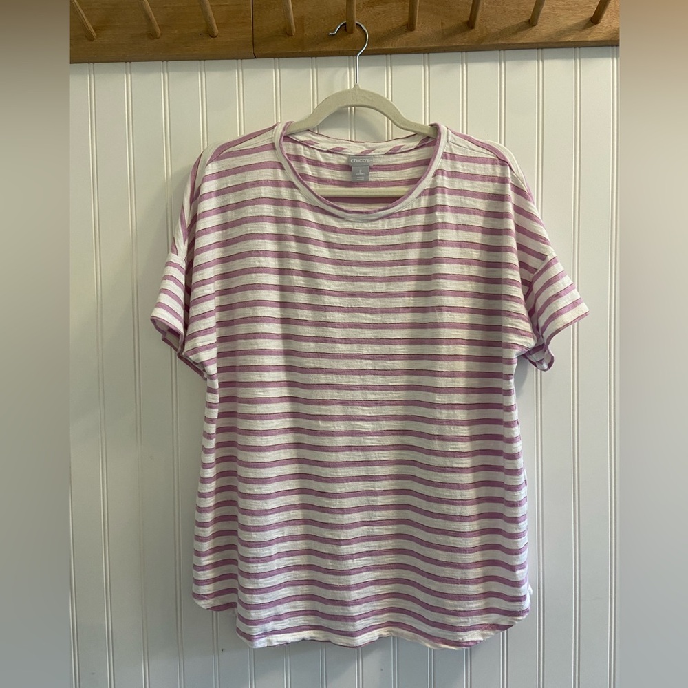 Chico’s Pink White Gold Striped Scoop Neck Short Sleeved Tee Size 2 = US L 12